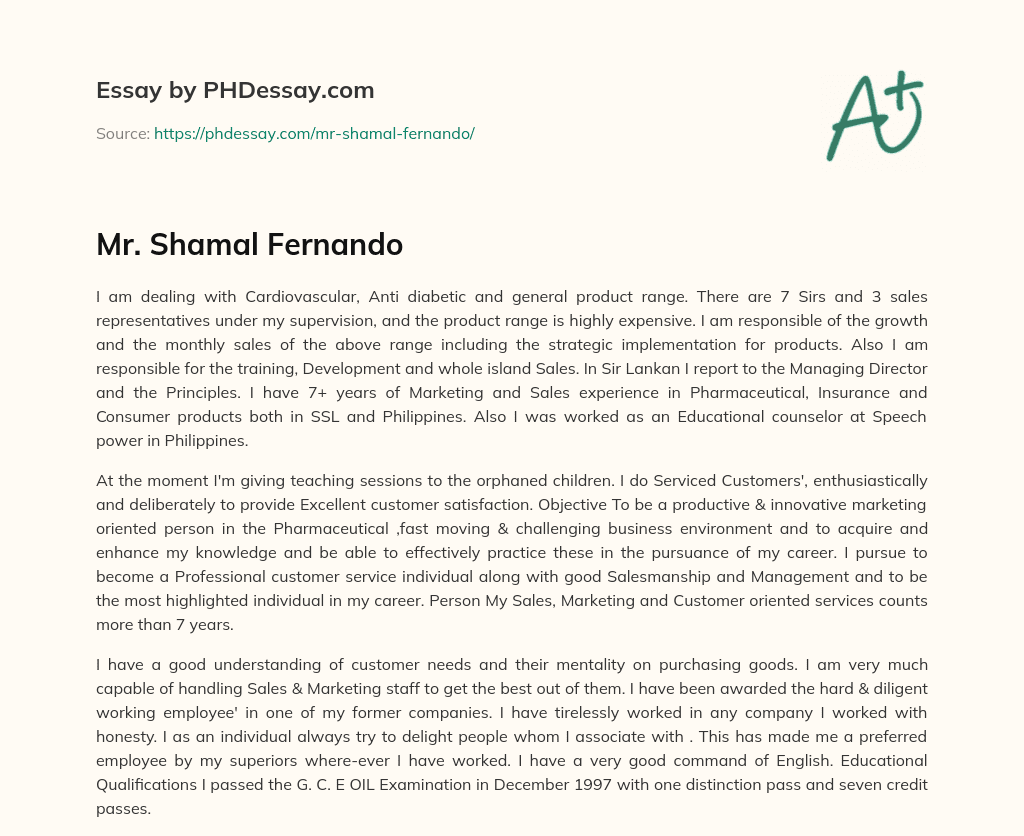 Mr. Shamal Fernando essay