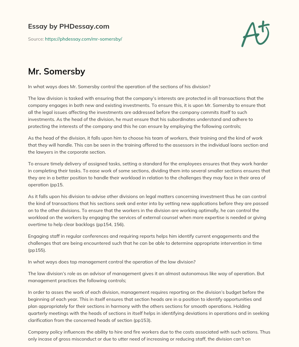 Mr. Somersby’s Controls for Legal Division Operations essay