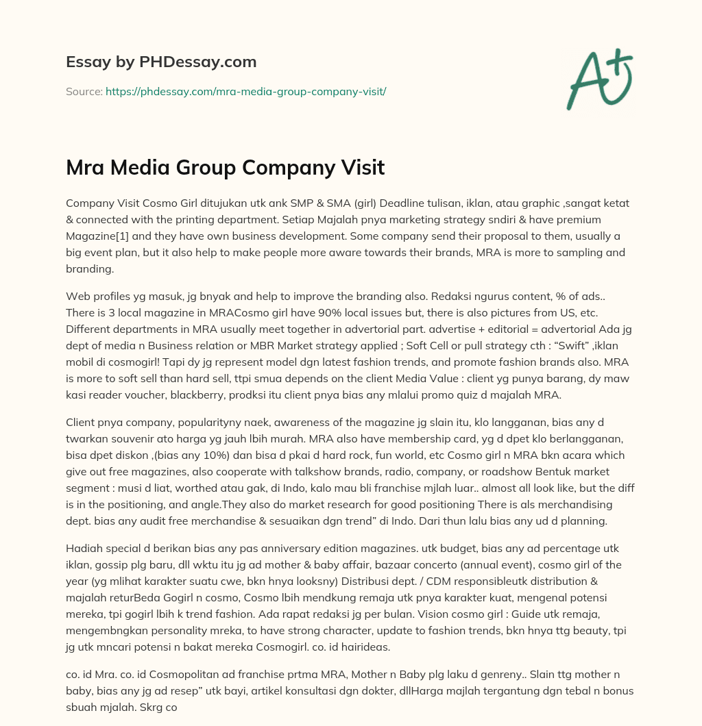 Mra Media Group Company Visit essay