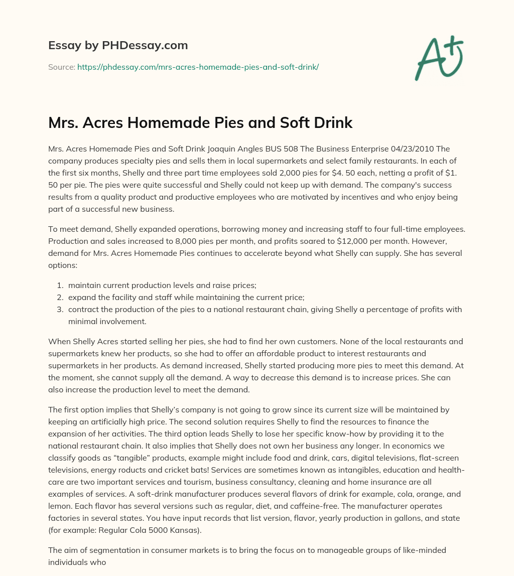 Mrs. Acres Homemade Pies and Soft Drink essay