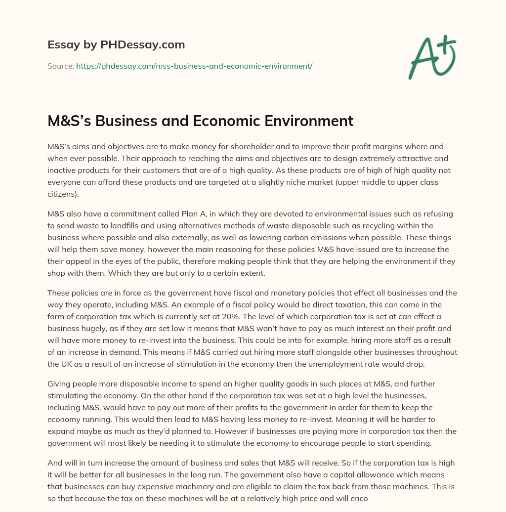 M&S’s Business and Economic Environment essay