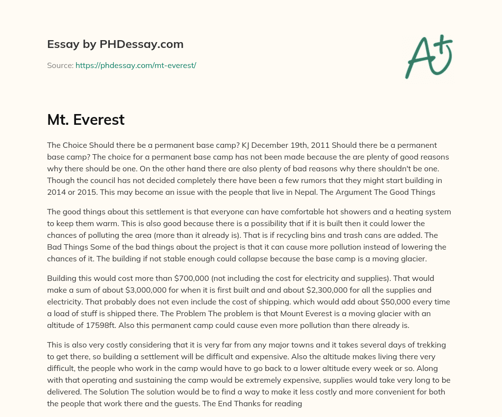 Debate over a Permanent Base Camp at Mount Everest essay