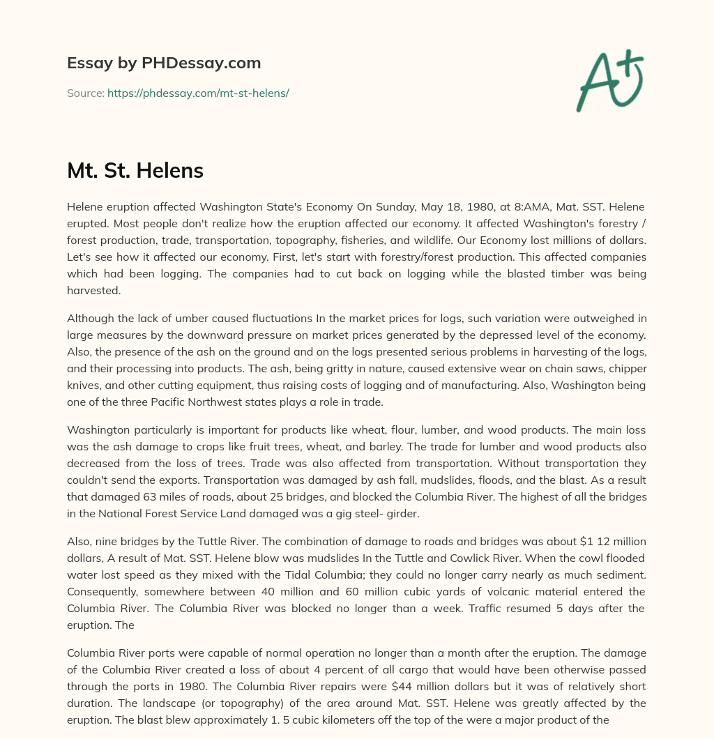 Impact of Mount St. Helens eruption on Washington State’s economy essay