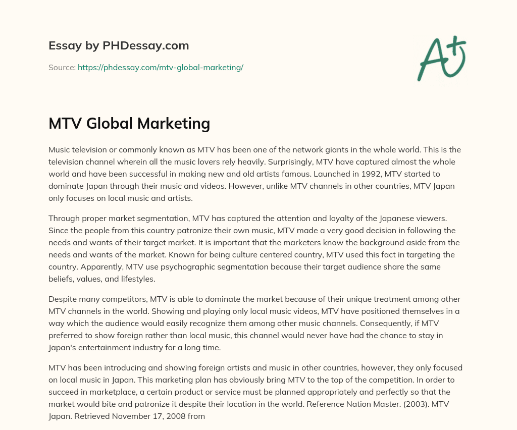 MTV Global Marketing essay
