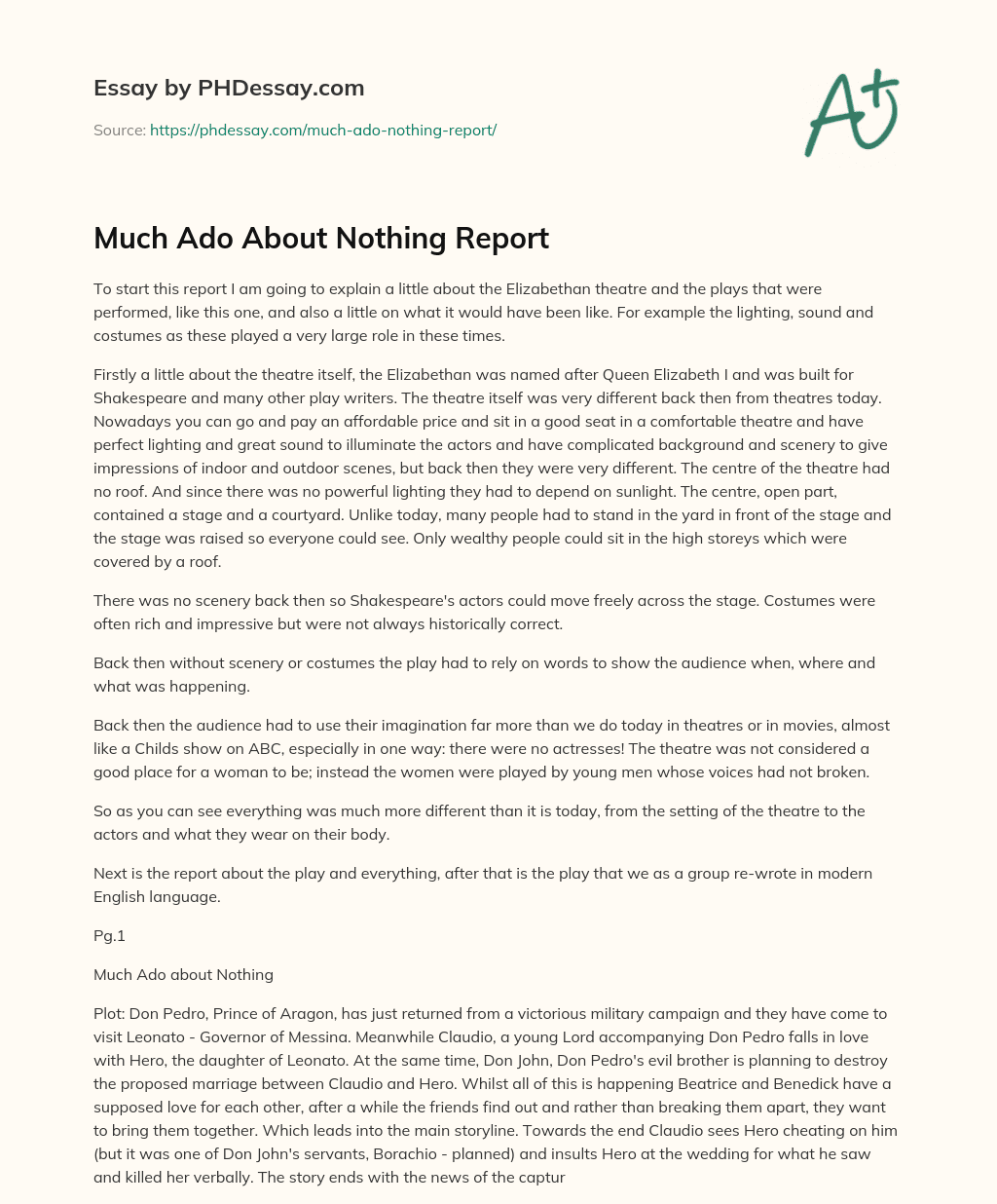 Much Ado About Nothing Report essay