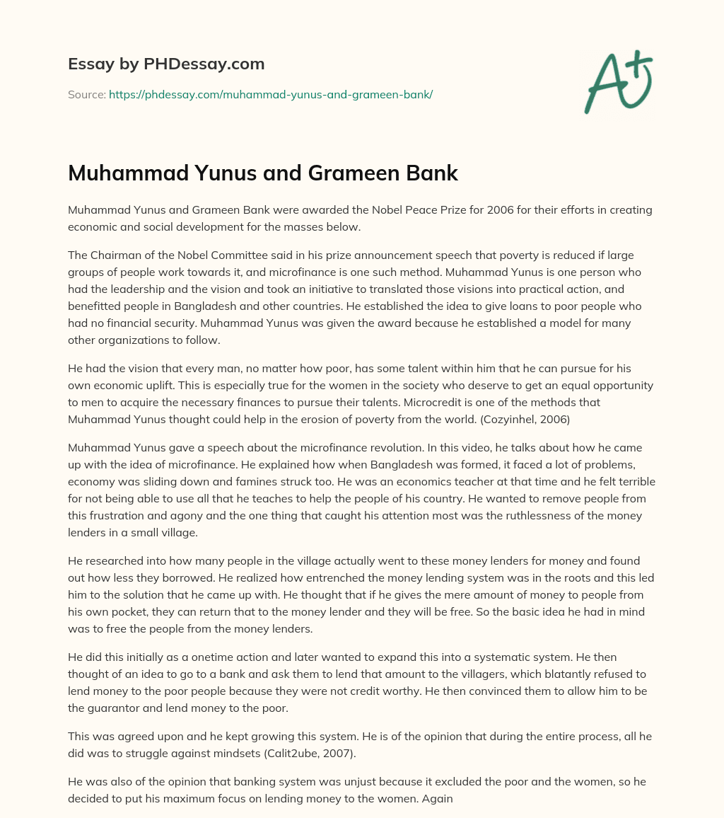 Muhammad Yunus and Grameen Bank essay