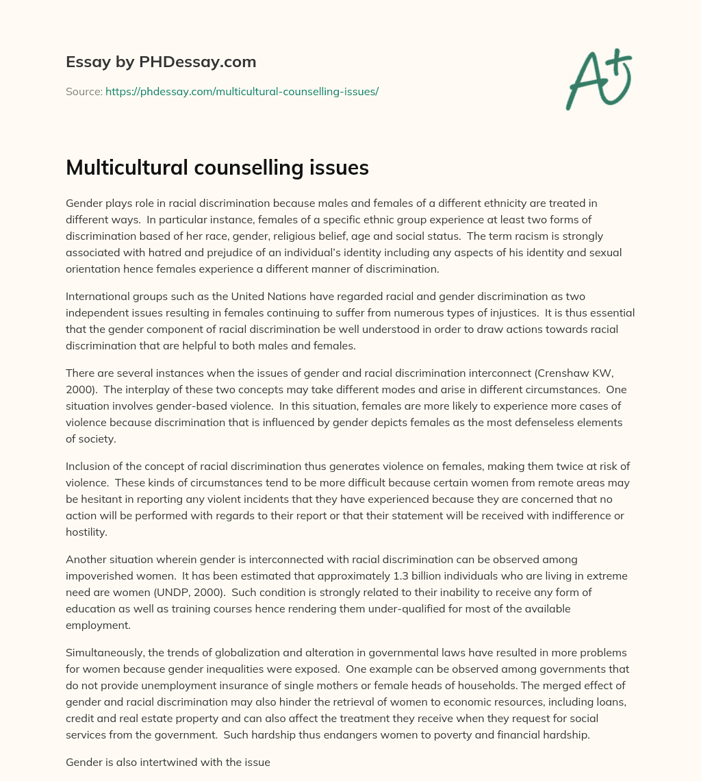 Multicultural counselling issues essay