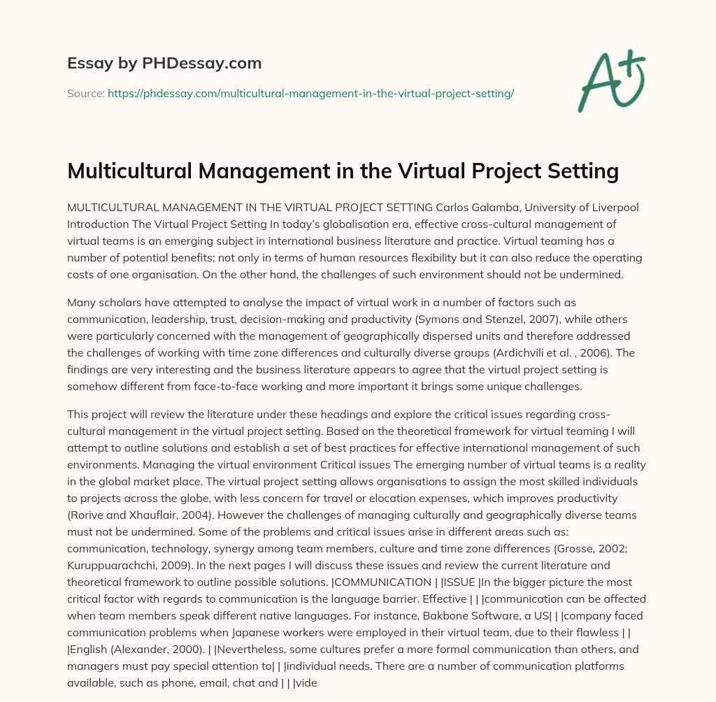 Multicultural Management in the Virtual Project Setting essay