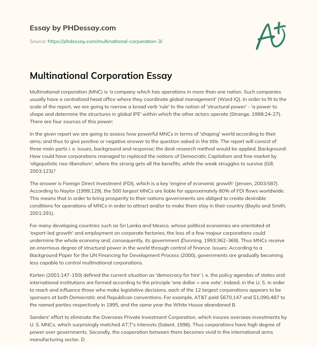 Multinational Corporation Essay essay