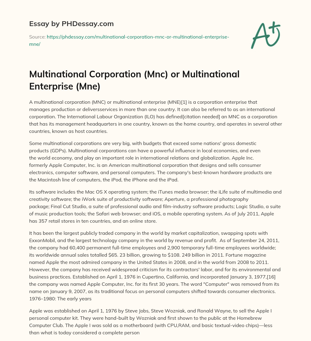 Multinational Corporation (Mnc) or Multinational Enterprise (Mne) essay