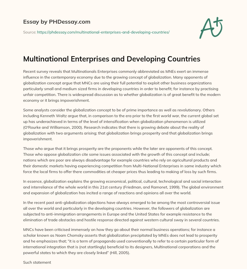 Multinational Enterprises and Developing Countries essay