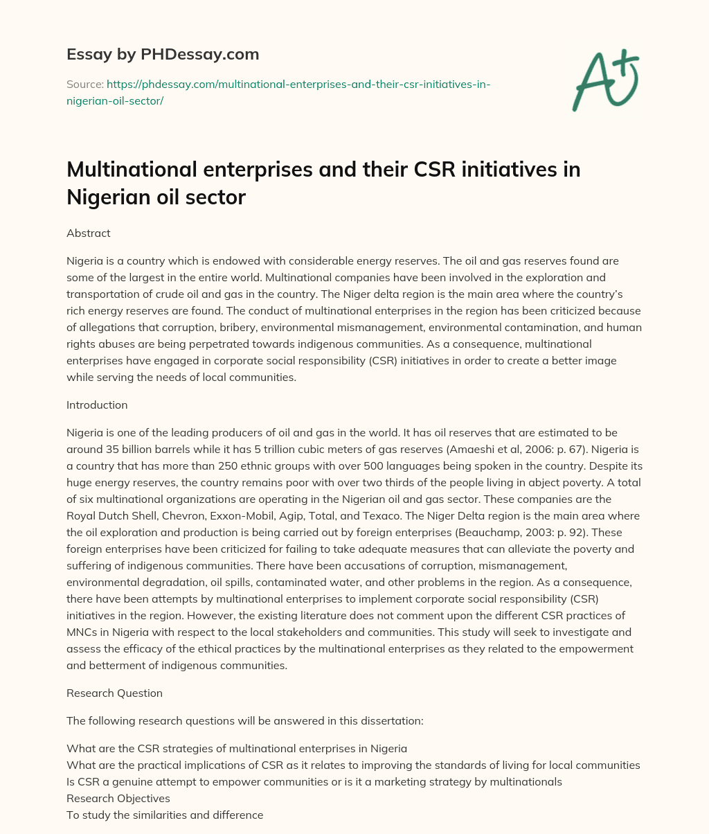 Multinational enterprises and their CSR initiatives in Nigerian oil sector essay