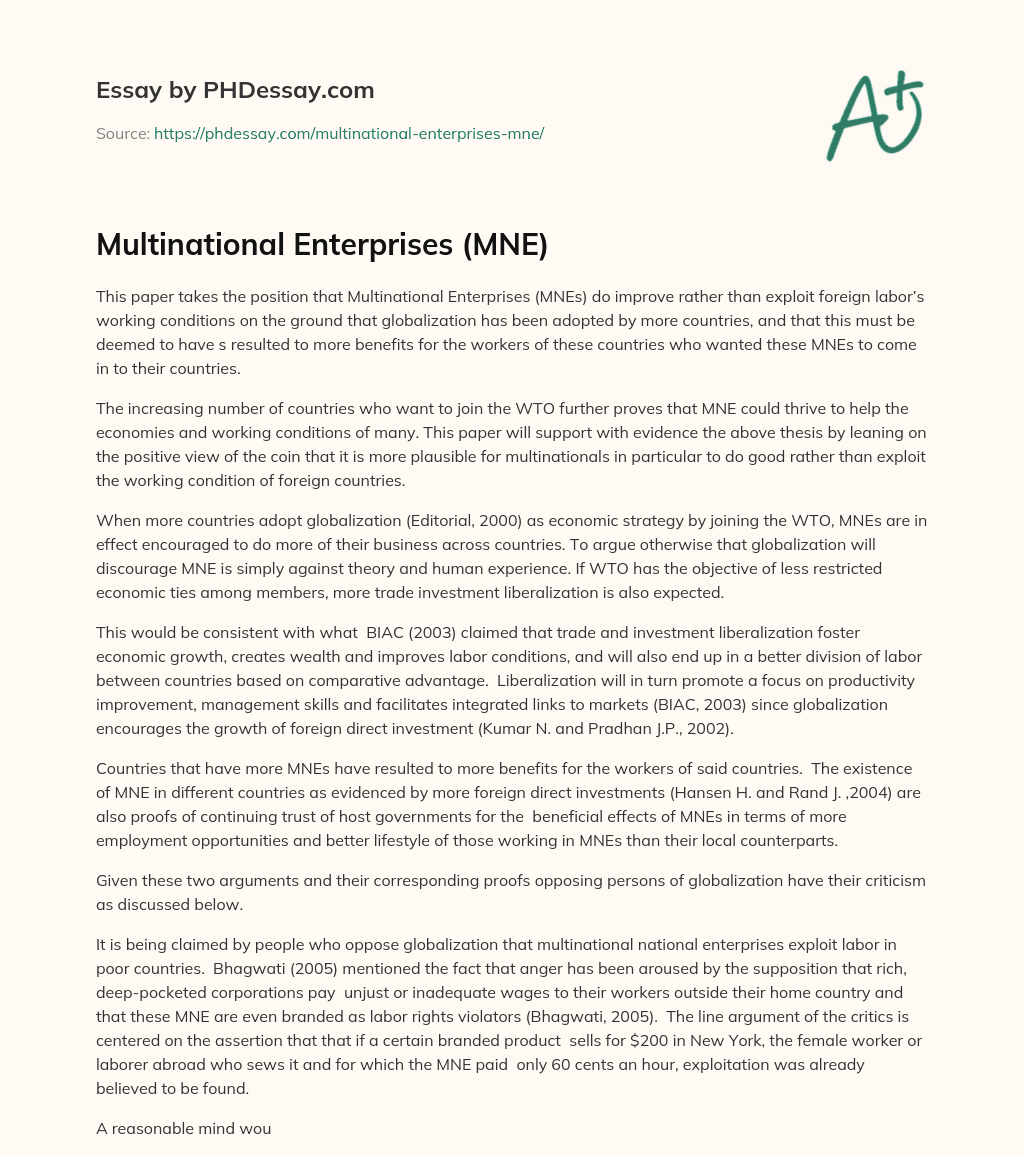 Multinational Enterprises (MNE) essay