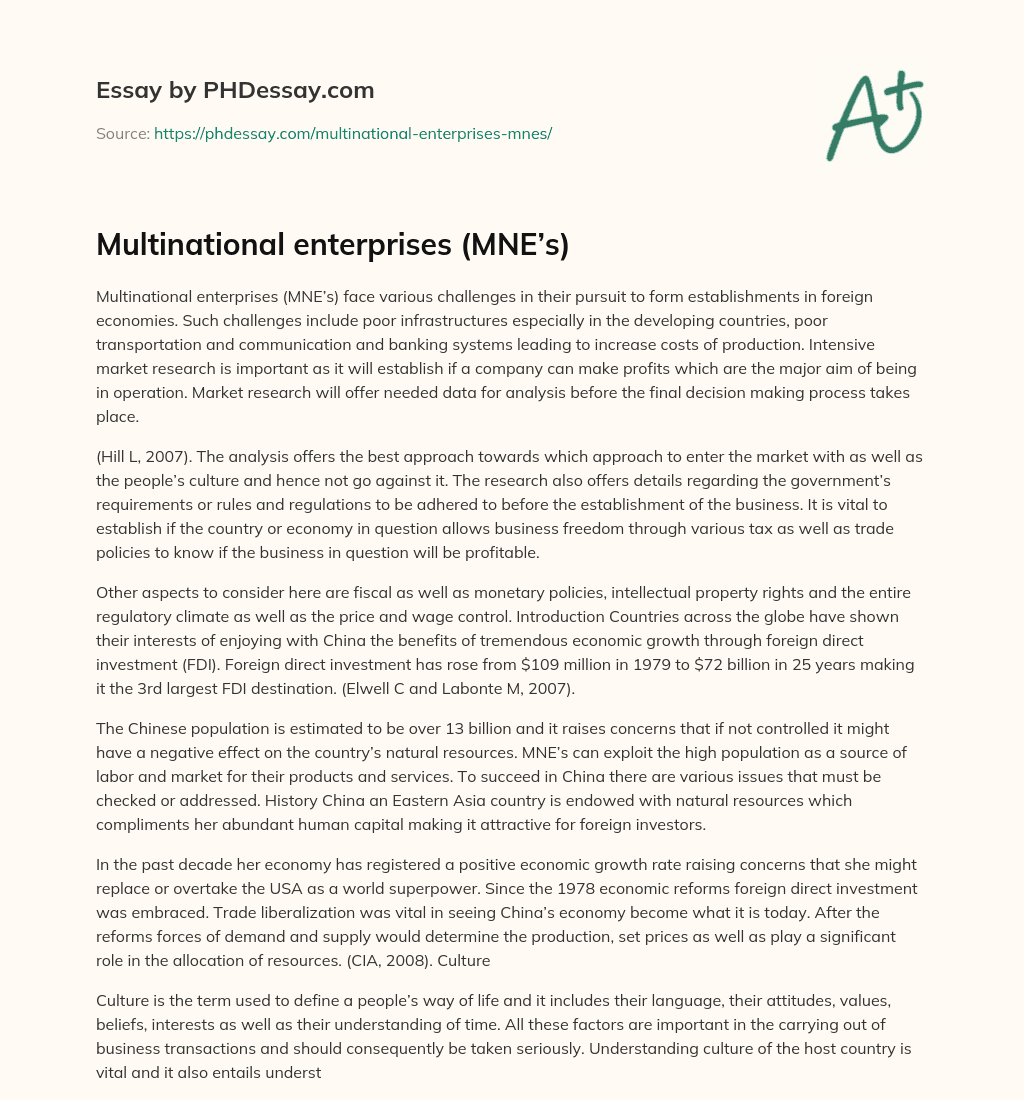 Multinational enterprises (MNE’s) essay