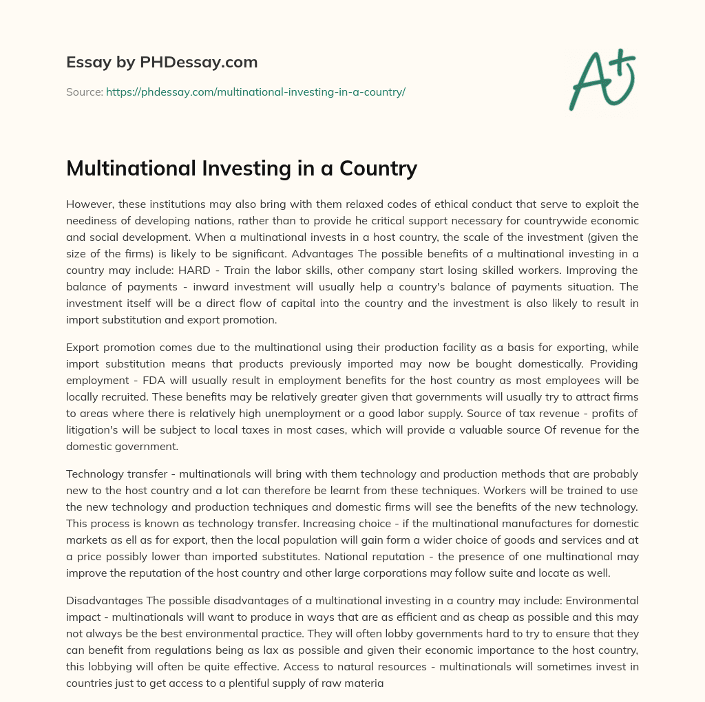 Multinational Investing in a Country essay