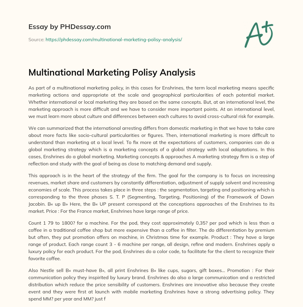 Multinational Marketing Polisy Analysis essay