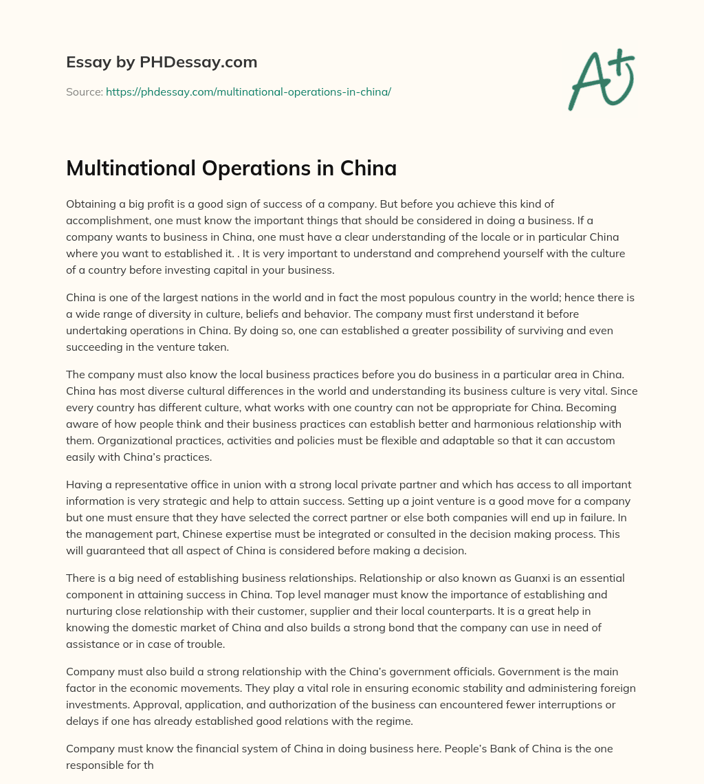 Multinational Operations in China essay