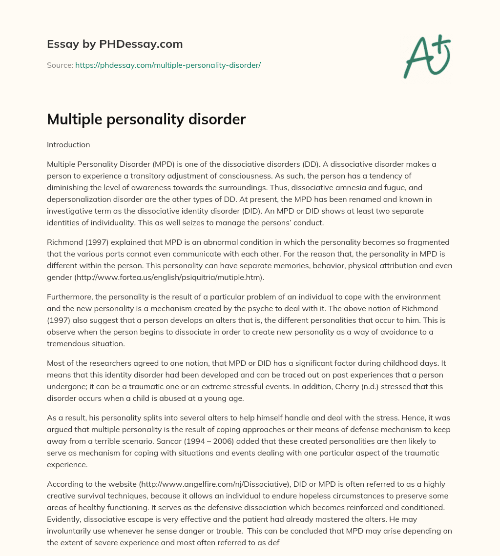 essay on multiple personality disorder