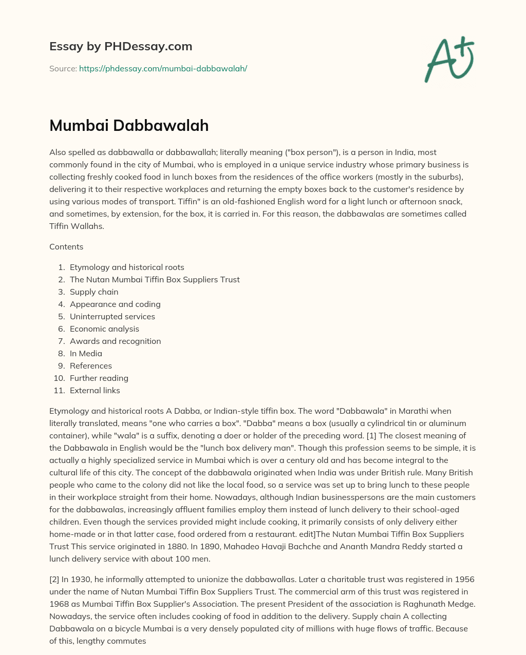 Mumbai Dabbawalah essay