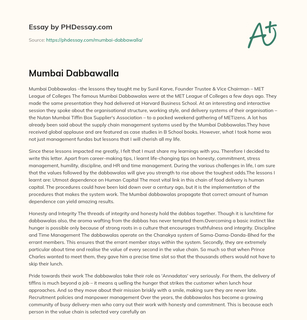 Mumbai Dabbawalla essay