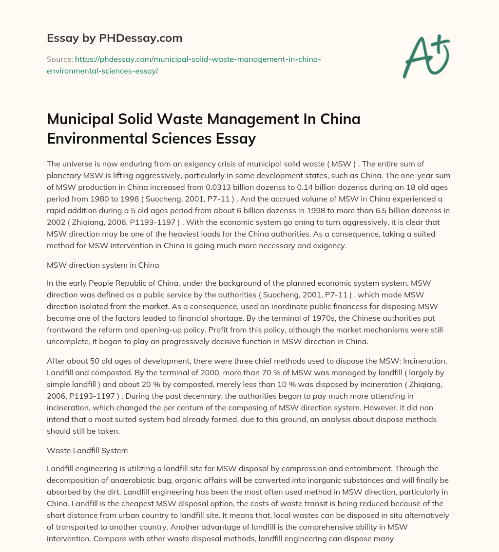 Municipal Solid Waste Management In China Environmental Sciences Essay essay
