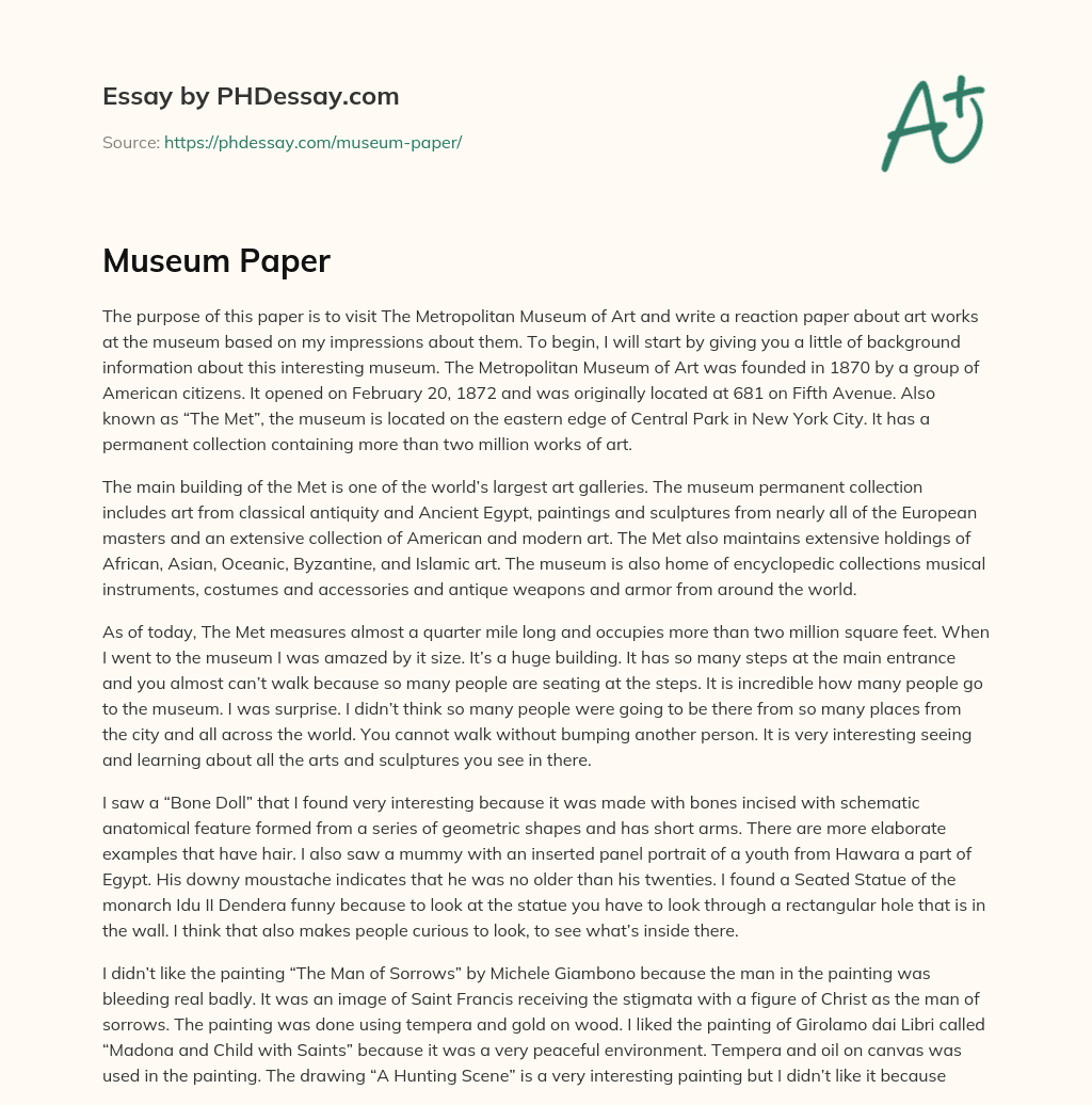 Exploring The Metropolitan Museum of Art: A Reaction Paper on its Vast Collection essay