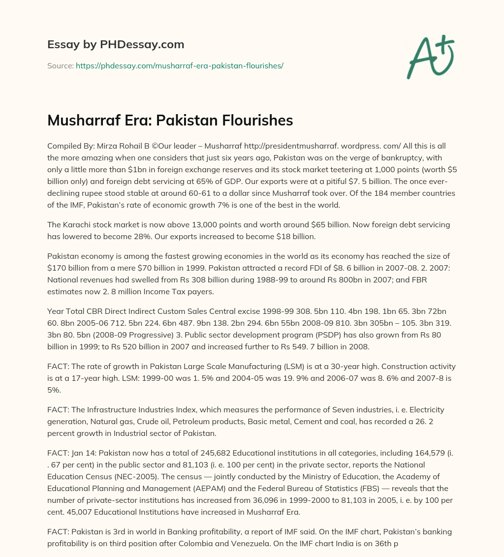 Musharraf Era: Pakistan Flourishes essay