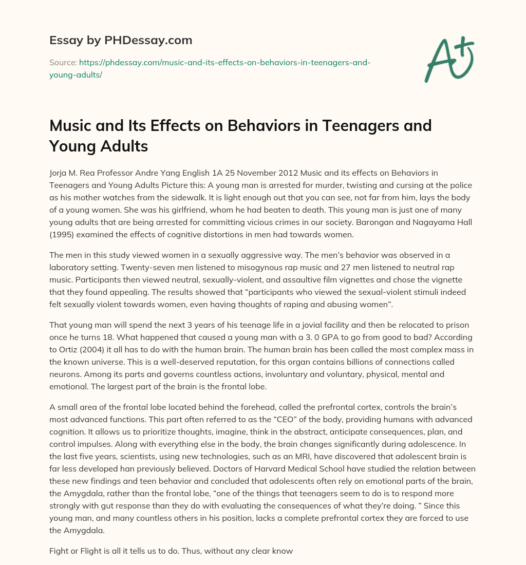 Music and Its Effects on Behaviors in Teenagers and Young Adults essay