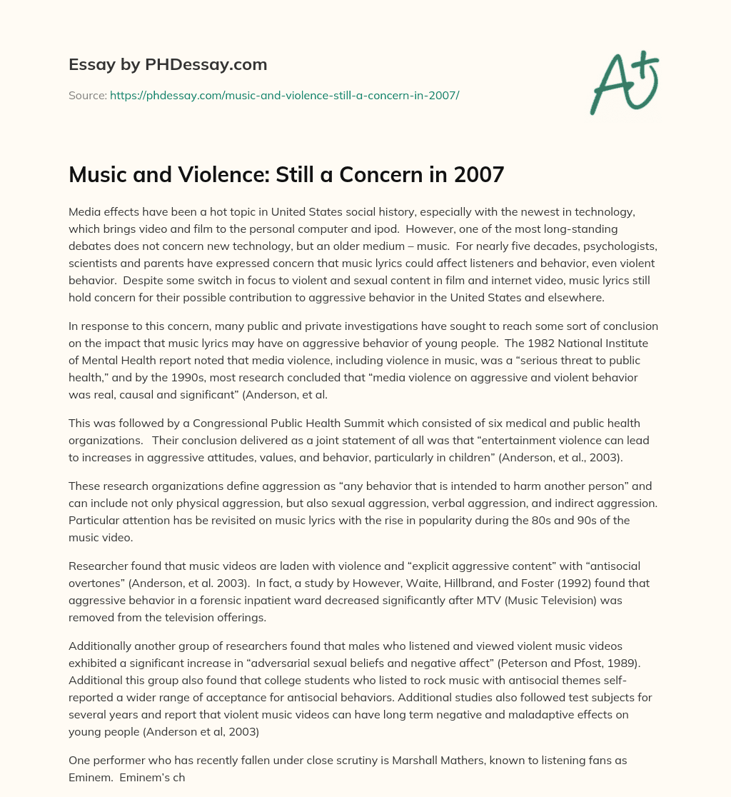 Music and Violence:  Still a Concern in 2007 essay