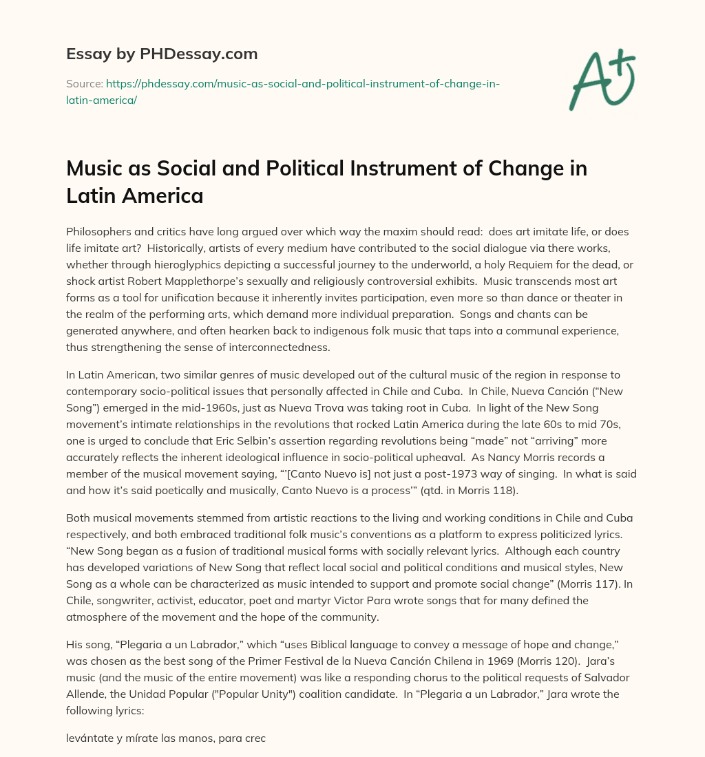 Music as Social and Political Instrument of Change in Latin America essay