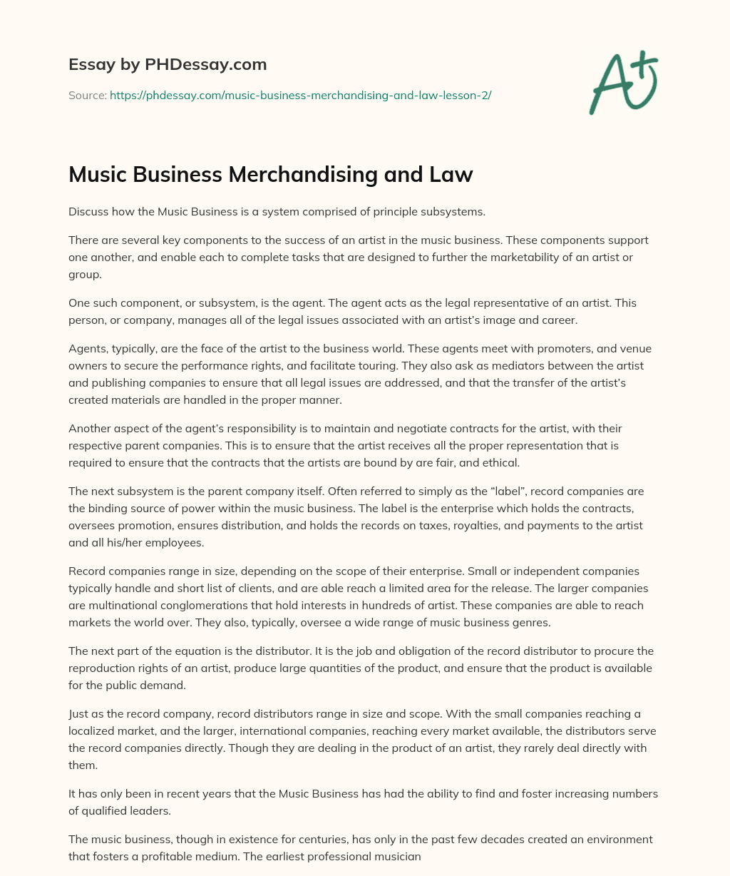 Music Business Merchandising and Law essay