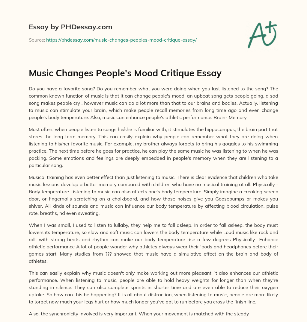 Music Changes People’s Mood Critique Essay essay