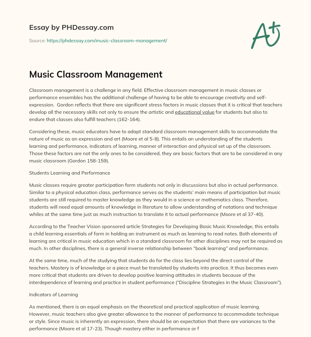 Music Classroom Management essay
