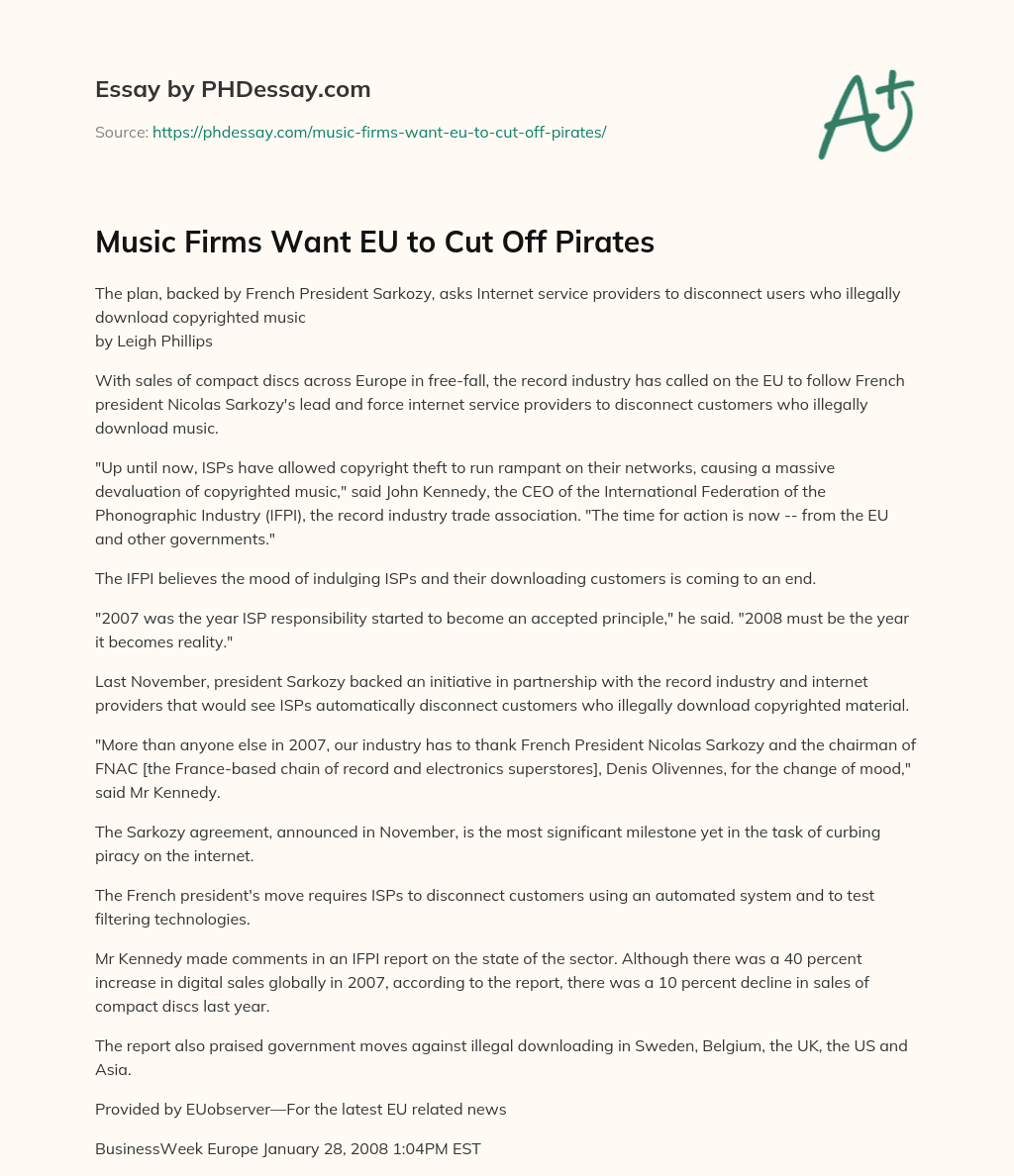 Music Firms Want EU to Cut Off Pirates essay