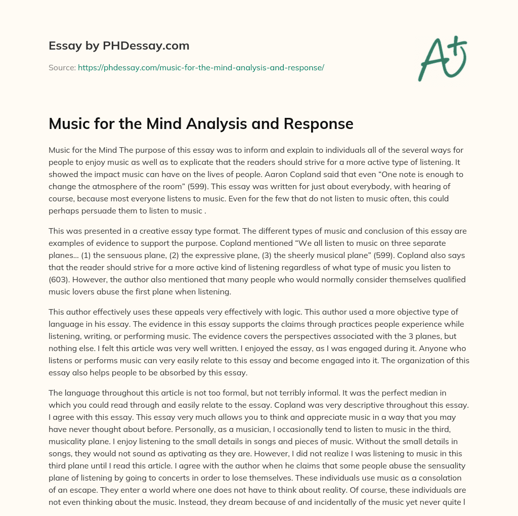 Music for the Mind Analysis and Response essay