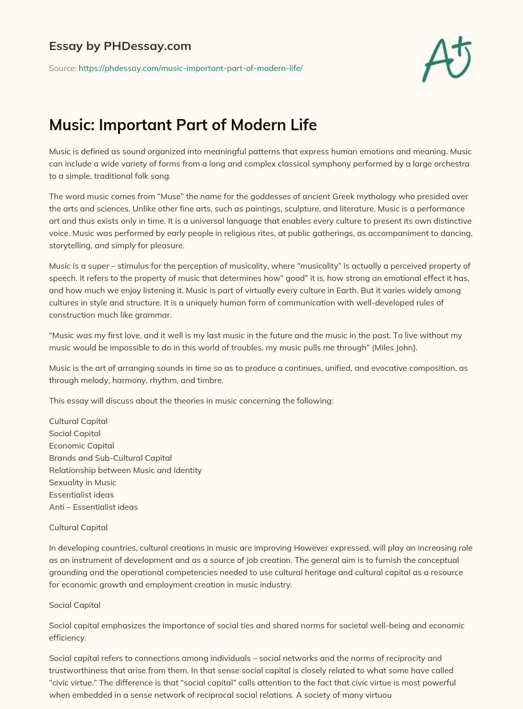 Music: Important Part of Modern Life essay