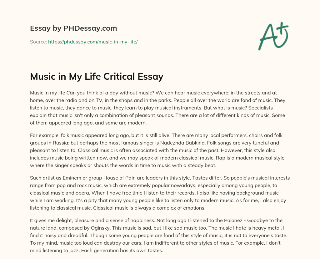 Music in My Life Critical Essay essay