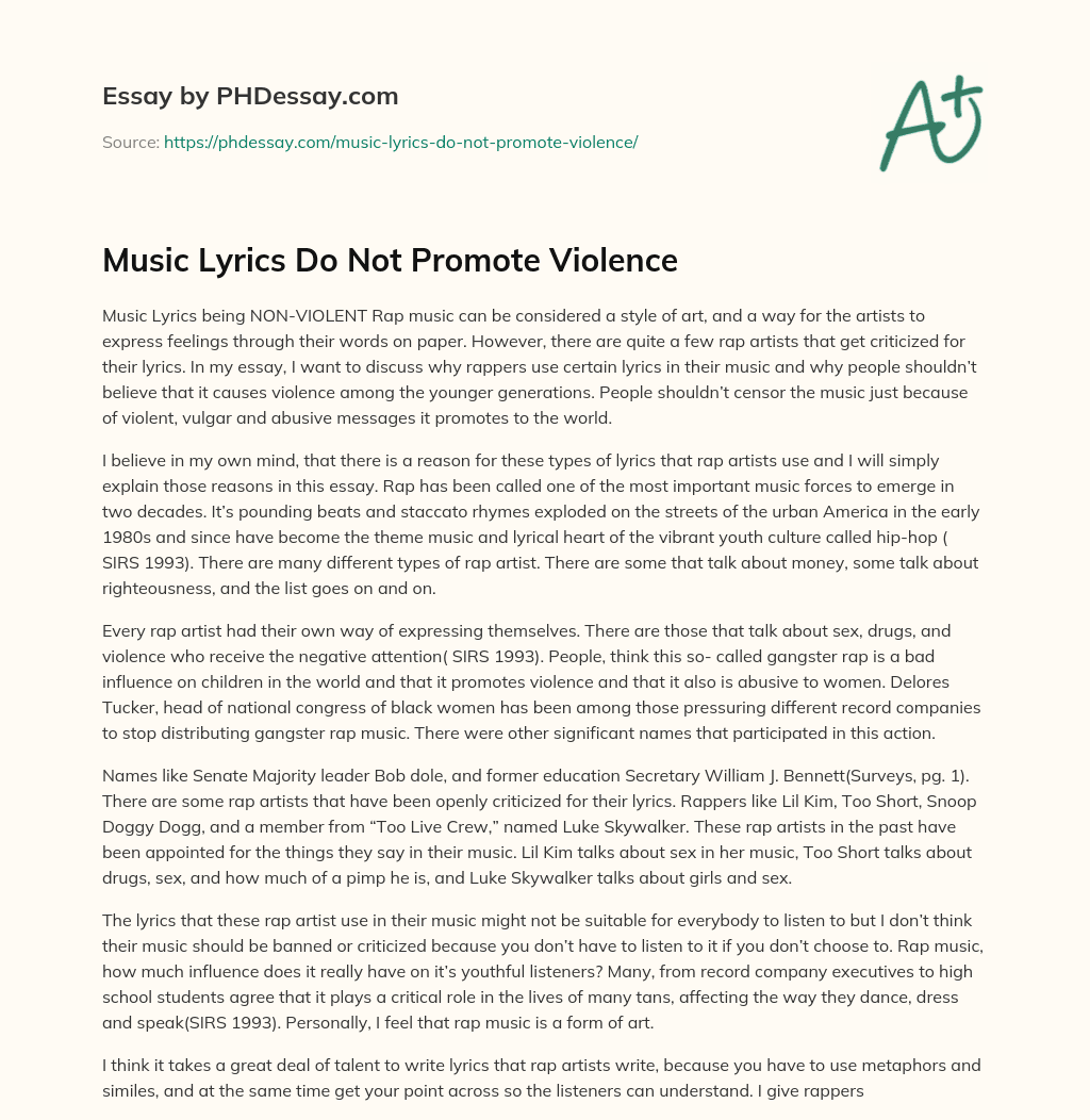 Music Lyrics Do Not Promote Violence essay