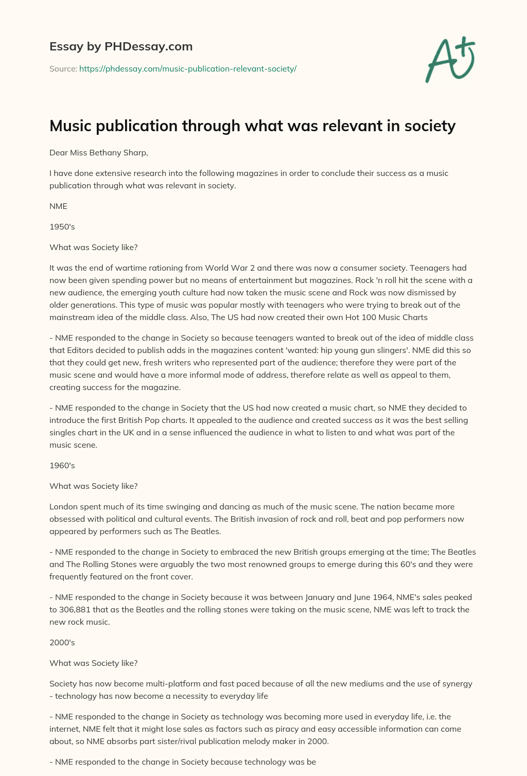 Music publication through what was relevant in society essay
