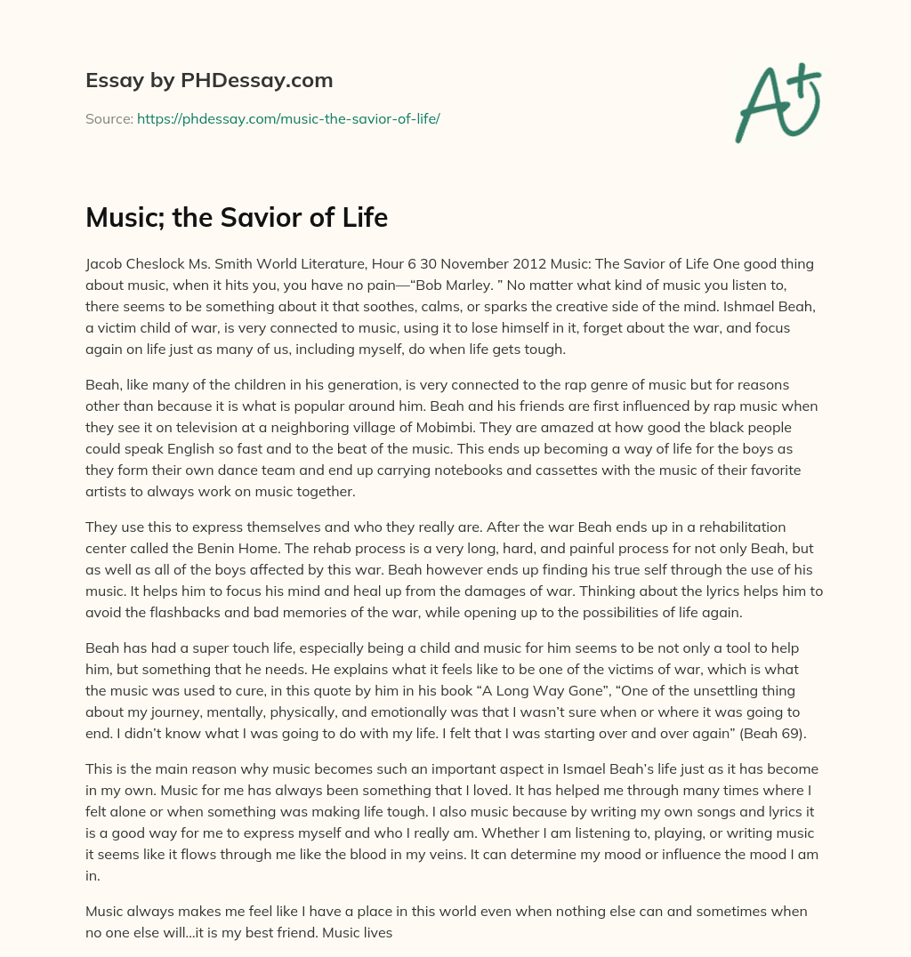 Music; the Savior of Life essay