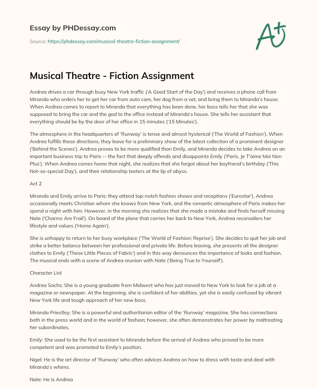 Musical Theatre – Fiction Assignment essay