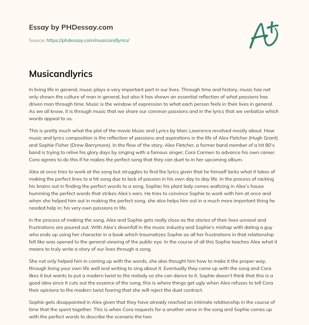 The Importance of Music in Life and the Plot of Music and Lyrics essay