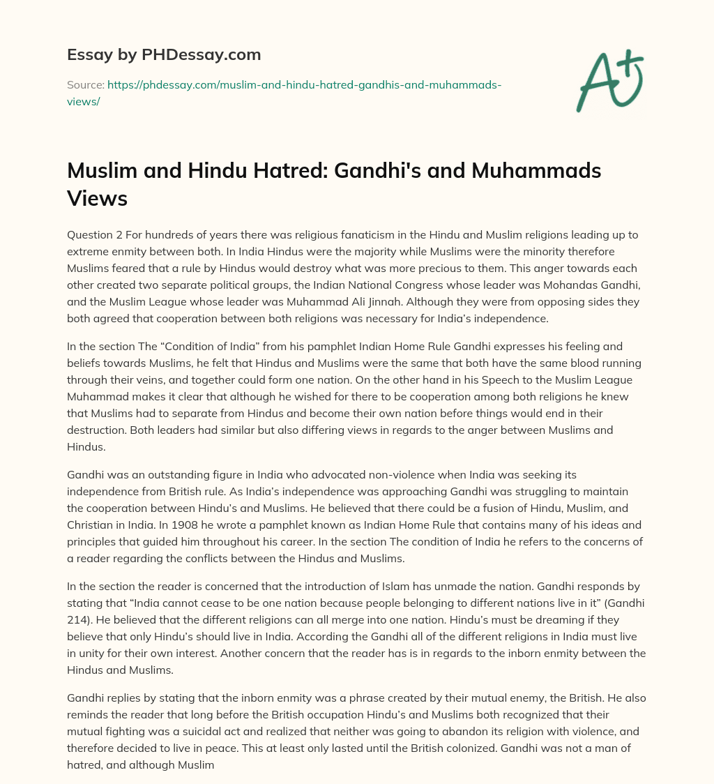 Muslim and Hindu Hatred: Gandhi’s and Muhammads Views essay