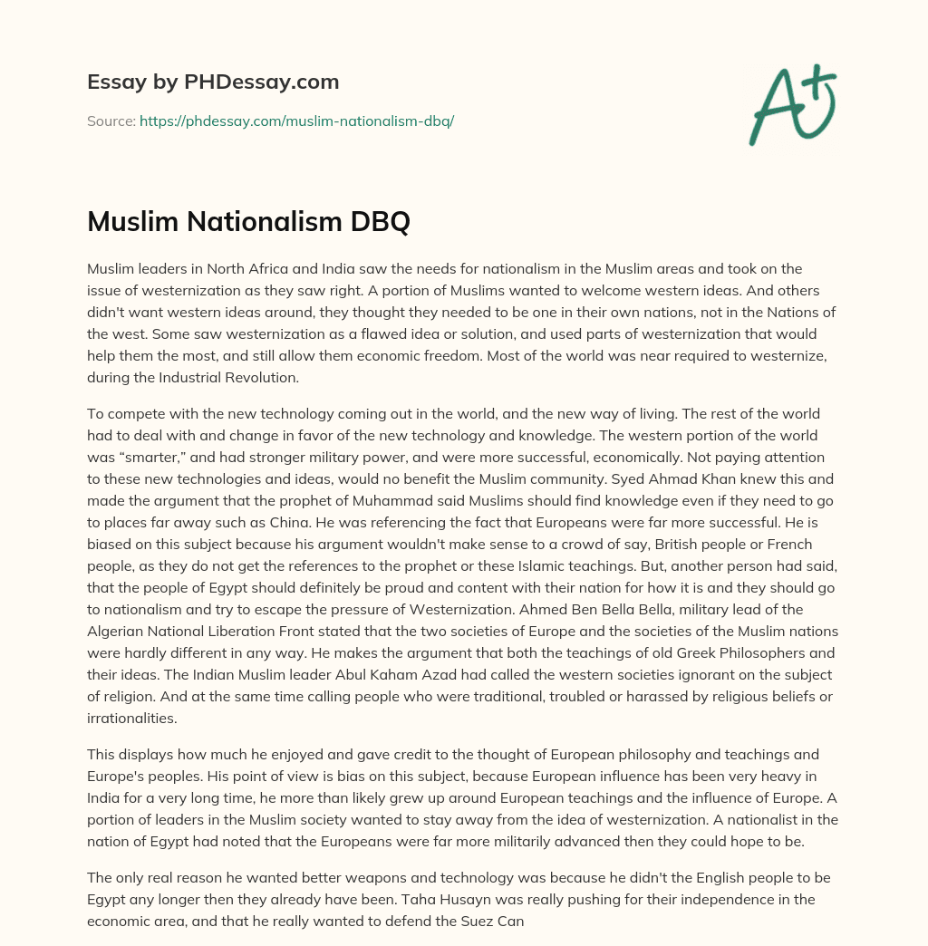 Muslim Nationalism DBQ essay