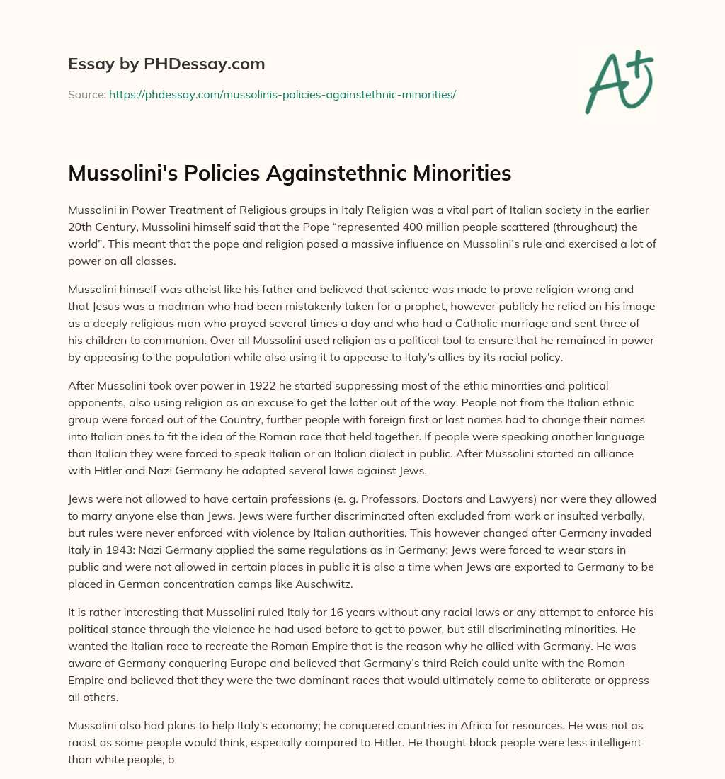 Mussolini’s Policies Againstethnic Minorities essay