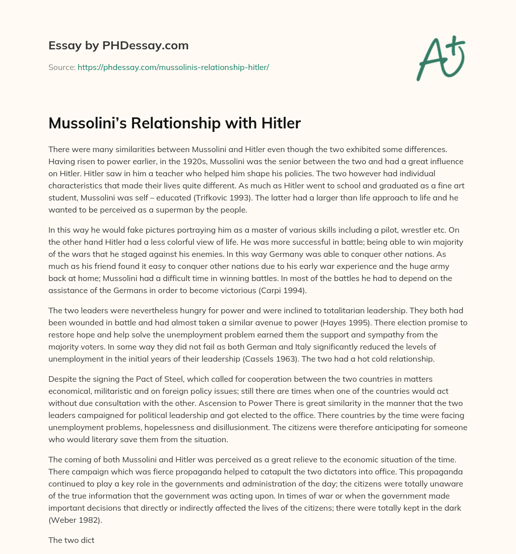 Mussolini’s Relationship with Hitler essay