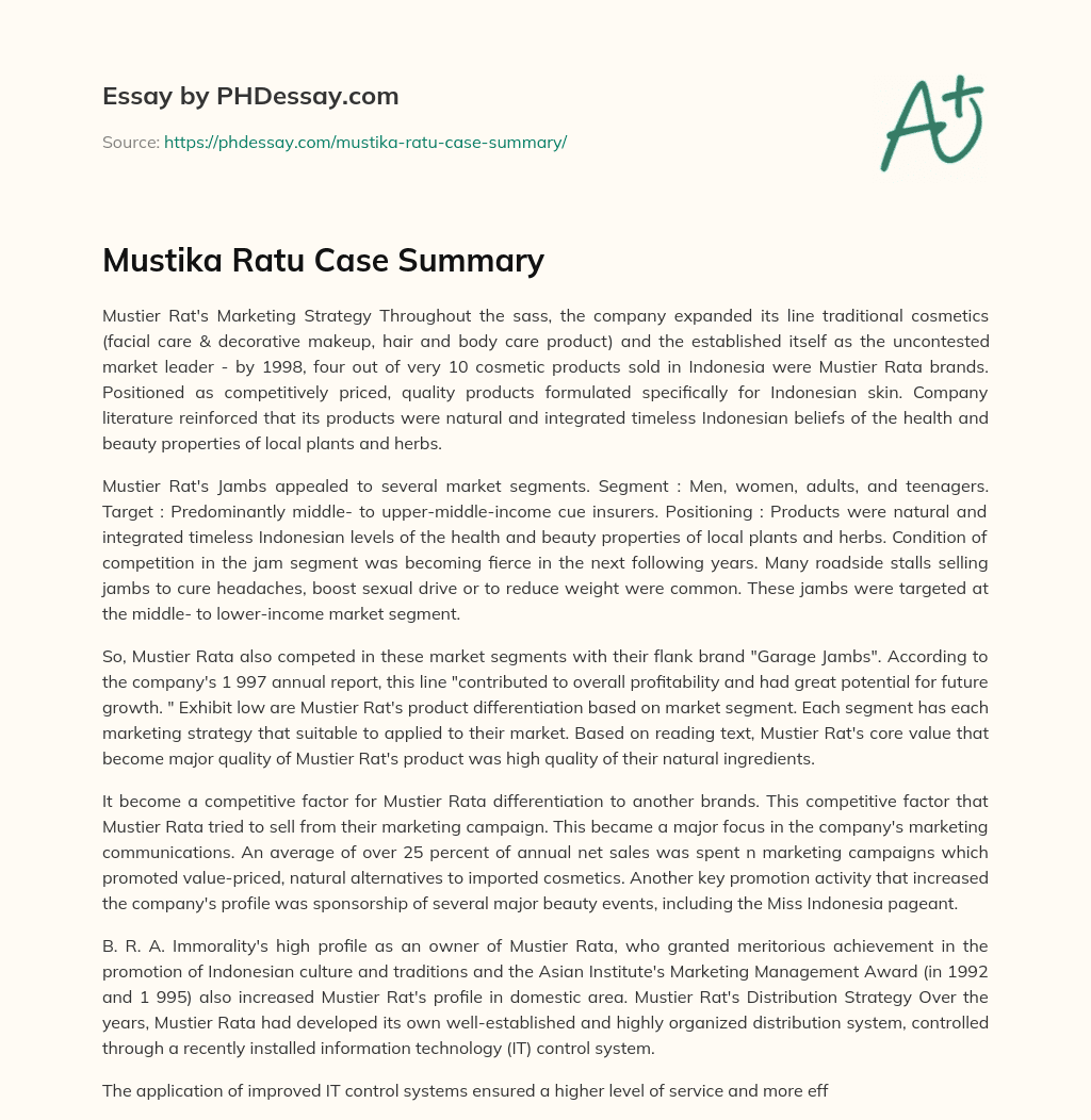Mustika Ratu Case Summary essay