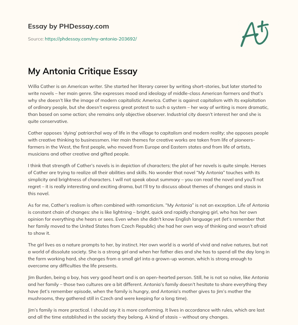 My Antonia Critique Essay essay