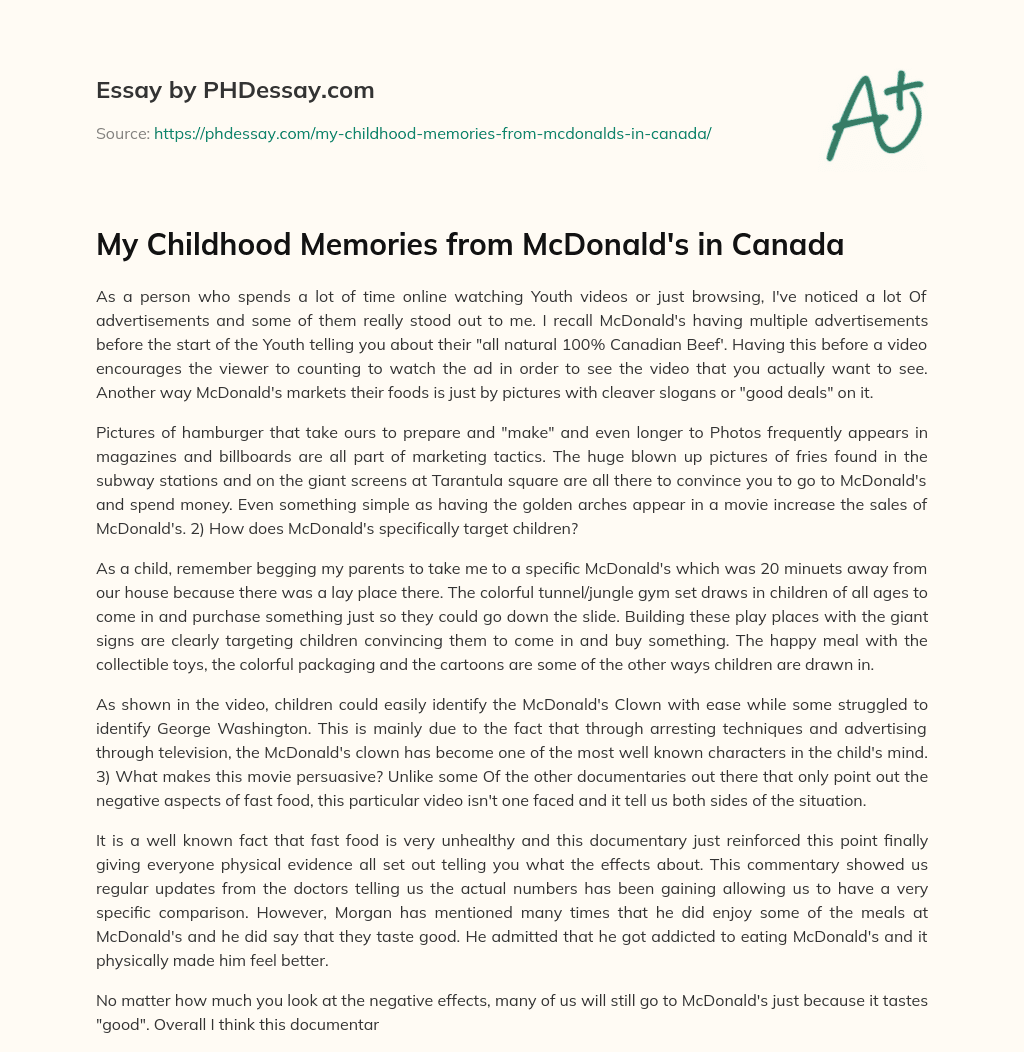 My Childhood Memories from McDonald’s in Canada essay