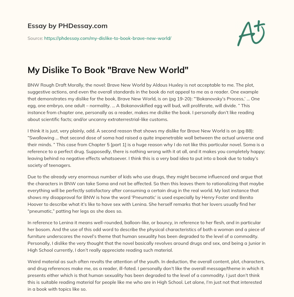 My Dislike To Book “Brave New World” essay